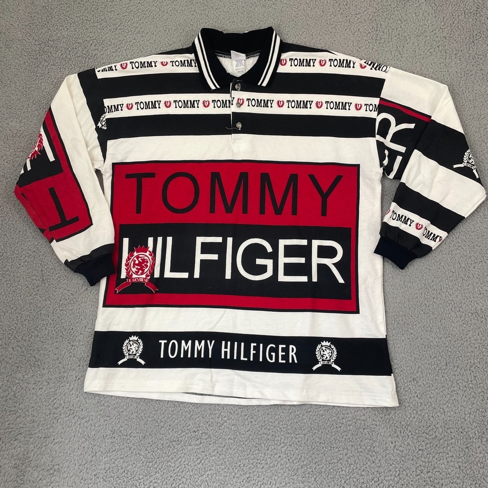 Vintage Tommy Hilfiger Rugby Shirt Men OS(2XL) White AOP Rare 90s Long Sleeve